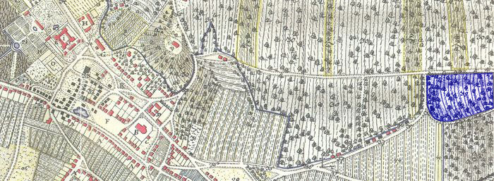 Výřez z mapy Bzence z roku 1728. Jezuitská vinice se nachází při pravém okraji mapy, je označena číslem 39. Jezuitská bouda je označena číslem 38.