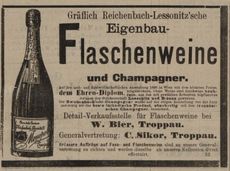 Propagační materiál hraběcích sklepů z roku 1891. (zdroj: Troppauer Zeitung, 1891, č. 69)
