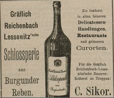 Propagační materiál hraběcích sklepů z roku 1889. (zdroj: Troppauer Zeitung, 1889, č. 130)